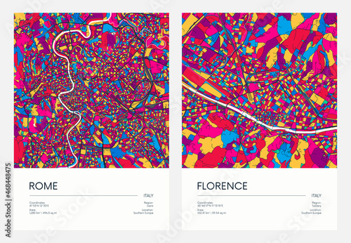 Color detailed road map, urban street plan city Rome and Florence with colorful neighborhoods and districts, Travel vector poster