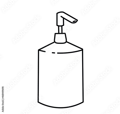 Vector image. A simple drawing of a liquid soap dispenser. Black outline on a white background. Conditional designation. Template for printing catalogs of hygienic products.