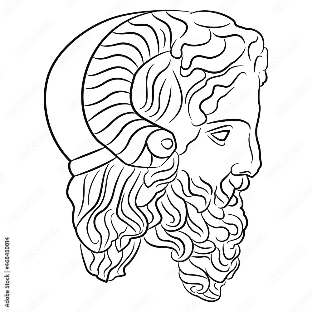 Sculpture head of ancient Greek horned god Zeus Ammon. Black and white