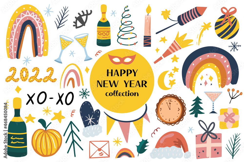 Happy New Year abstract boho icons set. Christmas party trending collection  clip art hand drawing style with champagne, clock, christmas accessories,  rainbow. Vector illustration Stock-Vektorgrafik | Adobe Stock
