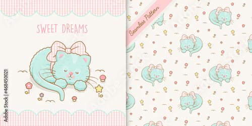 Cute sleeping kitty with seamless pattern