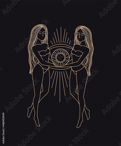 Gemini zodiac sign. Silhouette of an astrological sign of gold color; on a dark background. Magic illustration of women. Mystic women, feminine concept illustration, beautiful esoteric women.