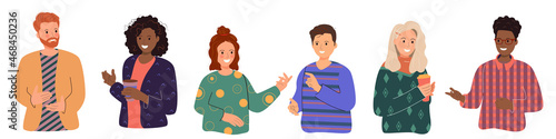 People. A crowd of diverse, contemporary men and women of different nationalities isolated on a white background. Friends communicate together, standing in a row. Colored flat vector illustration.