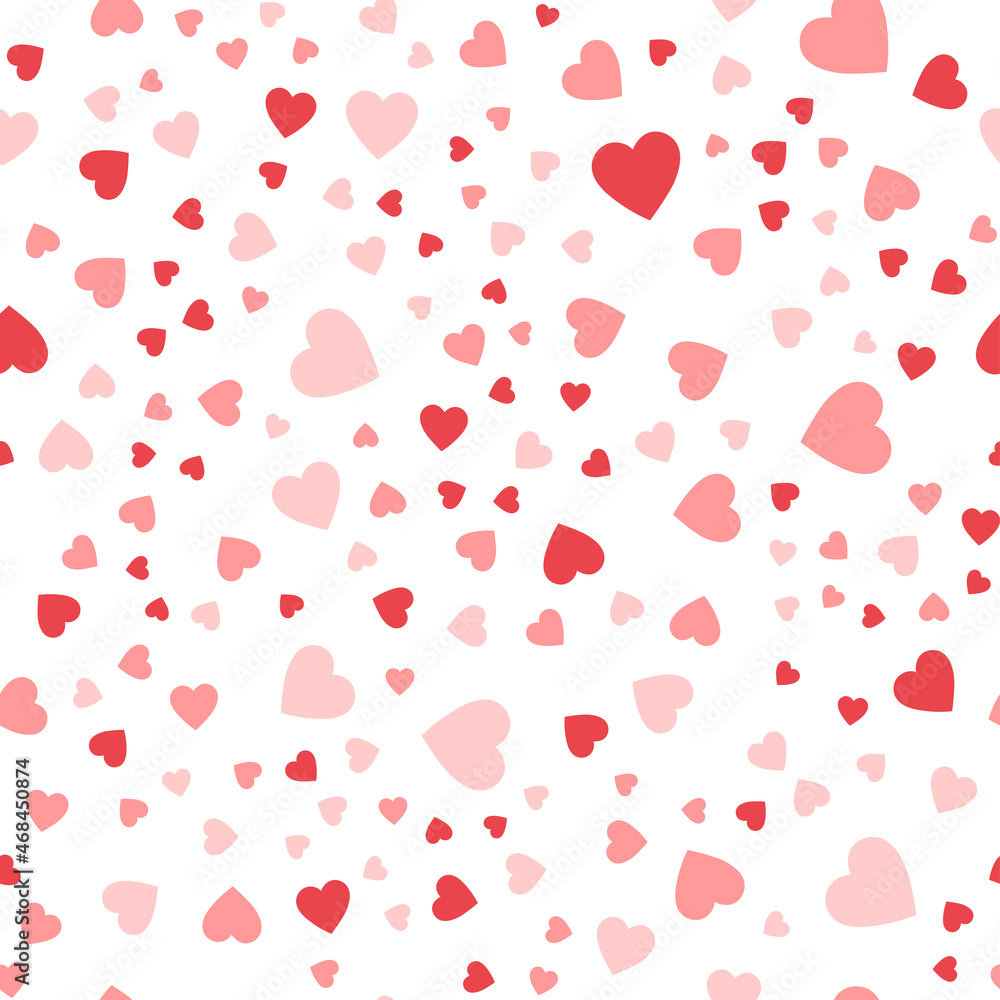 Seamless pattern of cute hearts of pink color on a white background. Wallpaper for season decoration, wrapping paper, clothing prints. Vector illustration.
