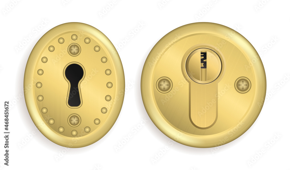 Gold keyholes 3d templates. Metal key holes for door locks, padlocks and lockers. Detailed