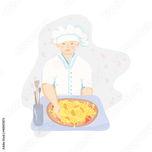 The chef, a pizza maker in a white coat and uniform, prepares pizza.