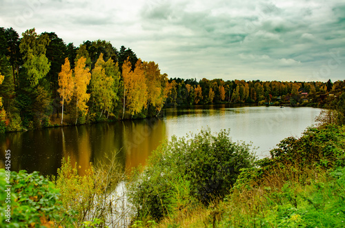 Autumn on the river, dark sky, yellow trees