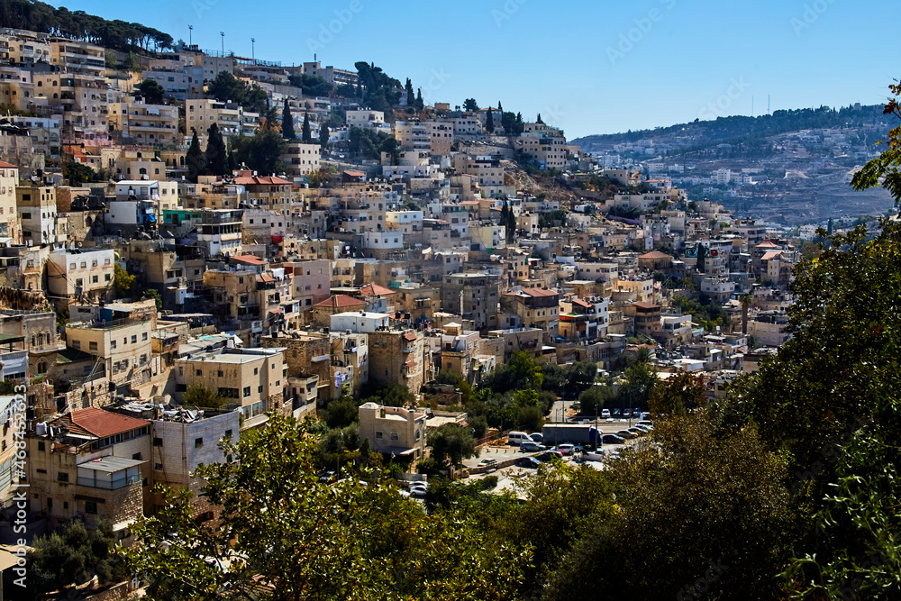 view from city of David on Silwan or Siloam is arab neighborhood in East Jerusalem, on outskirts of Old City of Jerusalem, Israel