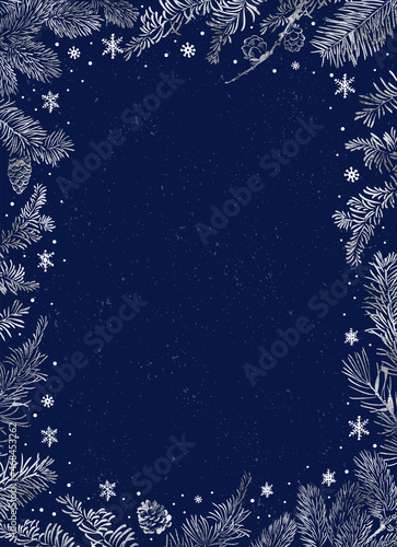 Christmas Poster. Vector of Christmas frame with silver branches of Christmas tree on deep blue background.