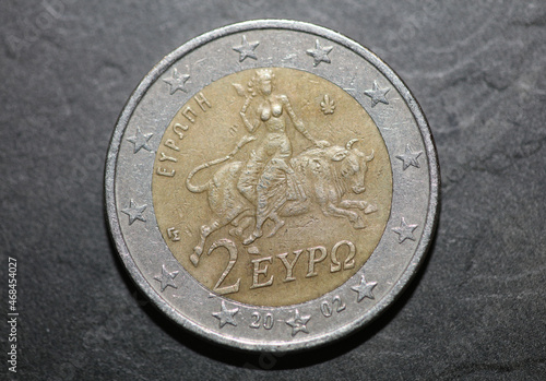 Macro shots of euro coins background 2 Euro coin year of manufacture 2002 country Greece high quality big size prints