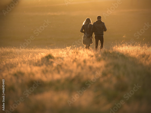 Couple in love walking in park at sunset