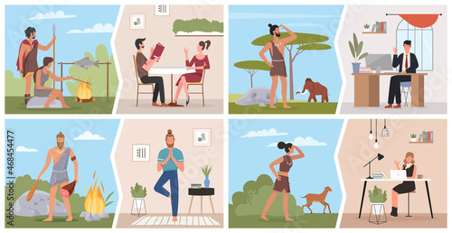 Prehistoric age and modern people evolution comparison set vector illustration. Cartoon primitive caveman character cooking food on fire and hunting, businessman working in office, man doing yoga