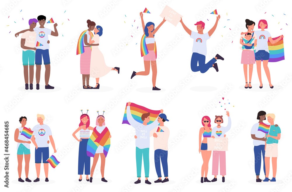 Lgbt couple people, happy family set vector illustration. Cartoon diverse group of homosexual characters standing with rainbow flag, gay, transgender and lesbian community on parade isolated on white