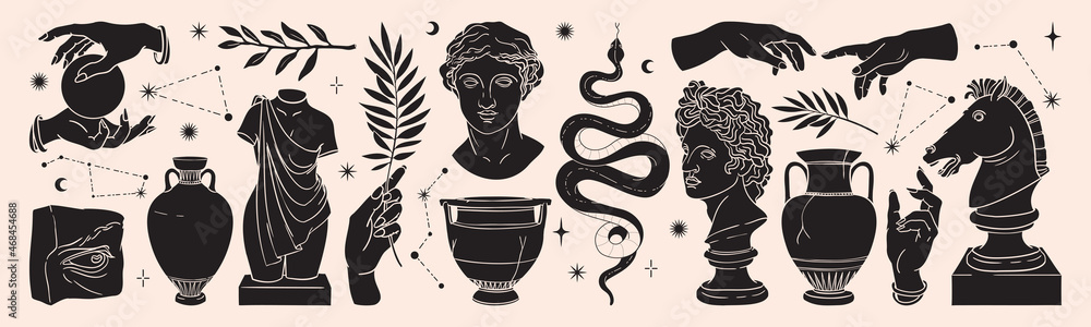 Greek ancient sculpture mystic set. Vector hand drawn illustrations of antique classic statues in trendy bohemian style. - obrazy, fototapety, plakaty 