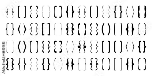 Text brackets collection, black quotation box. Curly, square and corner parentheses. Vintage typographical symbol, calligraphic quote frame. Doodle, lettering element. Vector illustration.