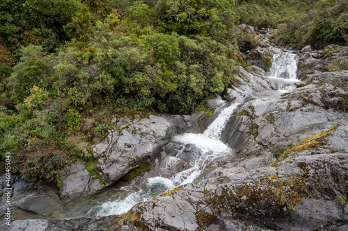 Overview Waterfall in Lush Temperate Rainforest on the rainy west coast of New Zealand