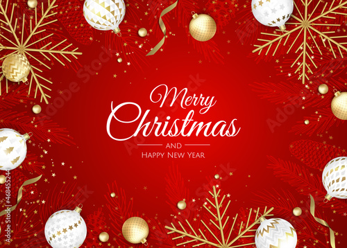 Merry Christmas and Happy New Year. Xmas background with Snowflakes and balls design.