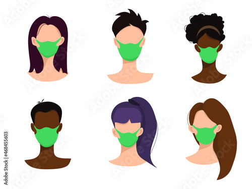 set of multinational people wearing protective masks. 