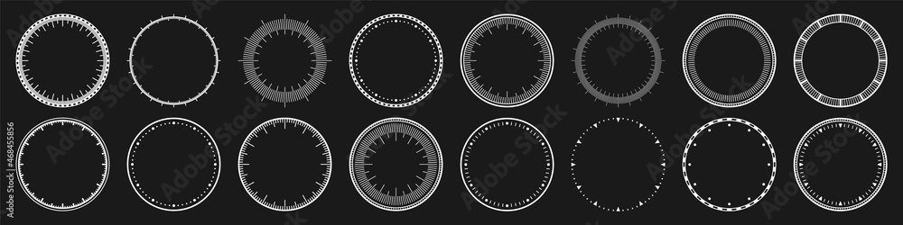Mechanical clock faces, bezel. White watch dial with minute and hour marks. Timer or stopwatch element. Blank measuring circle scale with divisions. Vector illustration. Mechanical clock faces, bezel. White watch dial with minute and hour marks. Timer or stopwatch element. Blank measuring circle scale with divisions. Vector illustration.