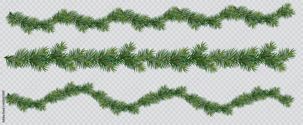 Realistic vector Christmas isolated tree branches garlands - obrazy, fototapety, plakaty 