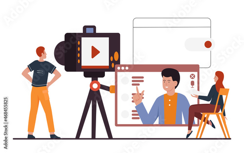 Video bloggers teamwork for recording video for channel in social media vector illustration. Cartoon marketing team of tiny man woman characters make vlog content, people using camera on tripod