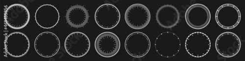 Mechanical clock faces, bezel. White watch dial with minute and hour marks. Timer or stopwatch element. Blank measuring circle scale with divisions. Vector illustration.
