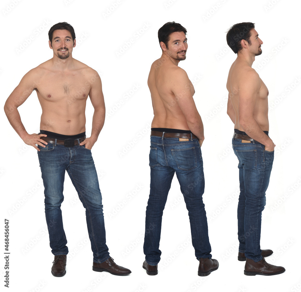 group of same man mashirtless front,back and side view on white background group of same man mashirtless front,back and side view on white background