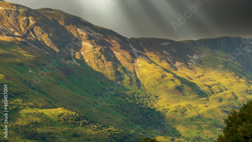 Sunbeams, Mountains, Sun, Clouds, Scotland, Highlands, Ballachulish, Glen Coe, Forest, Sky, Landscape, Nature