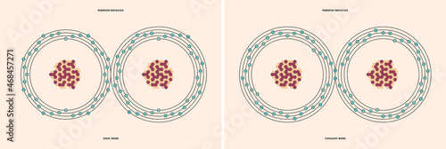 Conceptual vector representation of a rubidium molecule, made up of two atoms, and the types of chemical bonds: covalent, atoms sharing electrons, and ionic, an atom gives an electron to another atom.