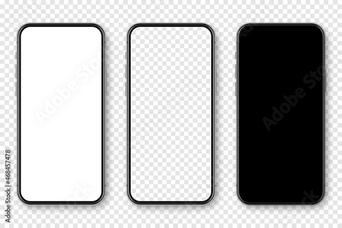 Realistic smartphone with blank touch screen on checkered background. Frameless mobile phone in front view. High quality detailed device mockup. Vector illustration.