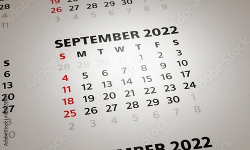 Calendar with month of September 2022 in focus. 3D rendering