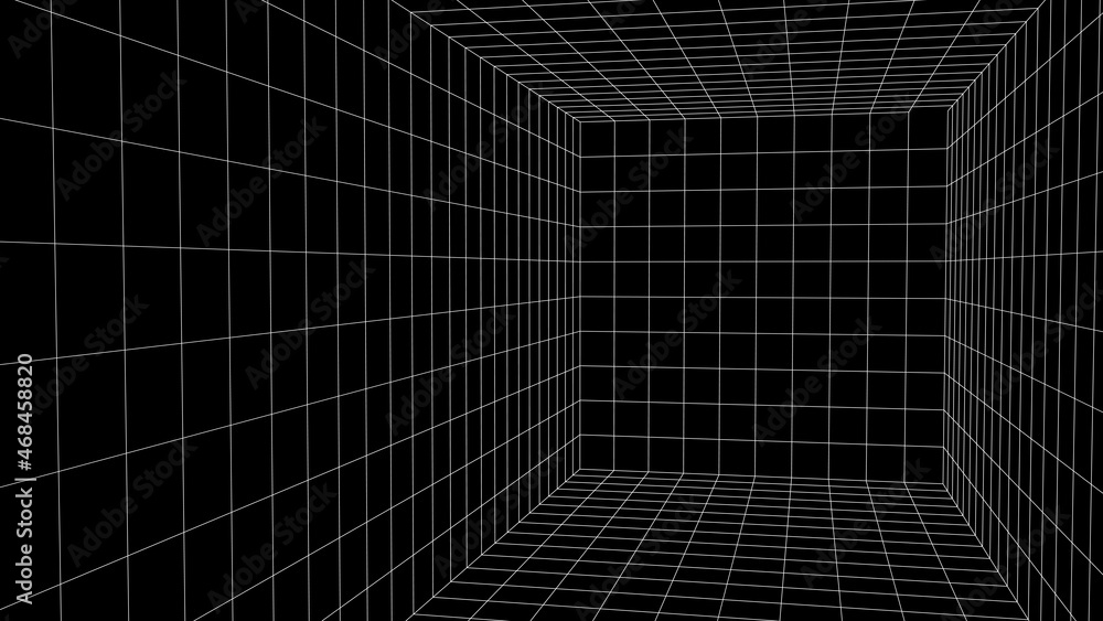 Wireframe room on black background. Digital vector perspective grid box for design.