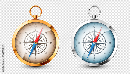 Realistic silver, golden vintage compass with marine wind rose and cardinal directions of North, East, South, West. Shiny metal navigational compass. Cartography and navigation. Vector illustration.
