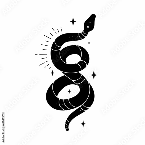 Vector black snake with mystical magic objects: moon and stars. Spiritual occultism symbols, tarot cards, esoteric objects.