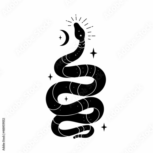 Vector black snake with mystical magic objects: moon and stars. Spiritual occultism symbols, tarot cards, esoteric objects.