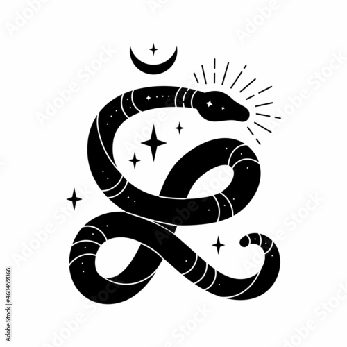 Vector black snake with mystical magic objects: moon and stars. Spiritual occultism symbols, tarot cards, esoteric objects.