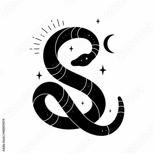 Vector black snake with mystical magic objects: moon and stars. Spiritual occultism symbols, tarot cards, esoteric objects.