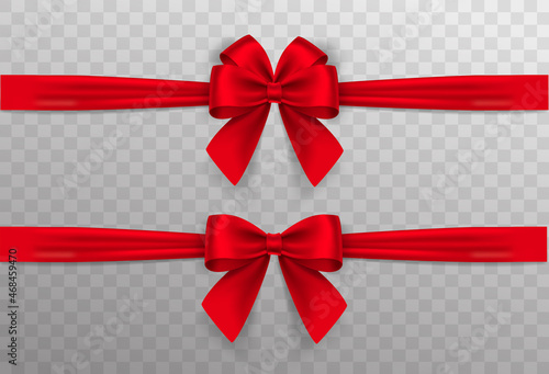 Set of satin decorative red bows with horizontal yellow ribbon isolated on white background. Vector red bow and red ribbon
