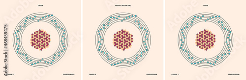 Conceptual vector representation of a praseodymium atom and its ions: a cation with less electrons than protons and positive charge, and an anion with more electrons than protons and negative charge.
