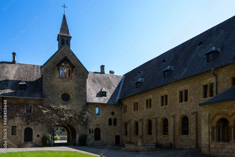 Architectural detail of the Orval Abbey (Abbaye Notre-Dame d'Orval), a Cistercian monastery founded in 1132 in Florenville, Wallonia in the province of Luxembourg, Belgium