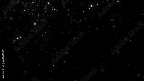Dust particles moving in space. Abstract black cosmic background. 3d rendering.