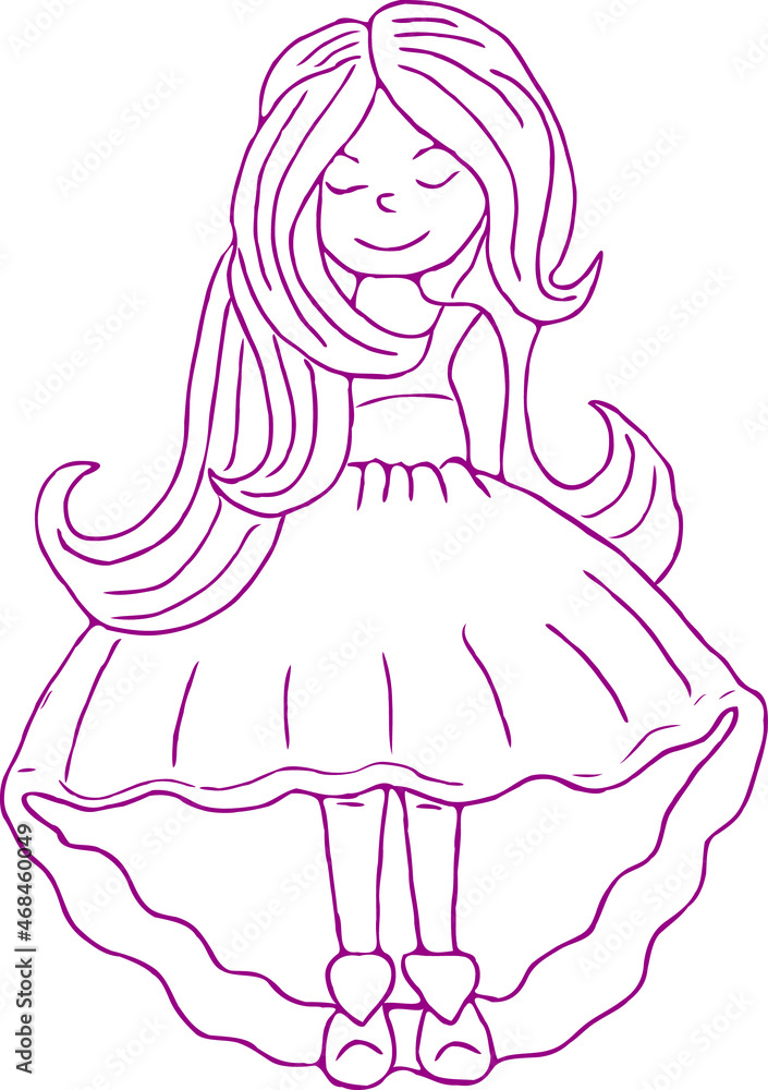 Cute cartoon Little Princess in a dress with long hairs. Flat vector illustration.