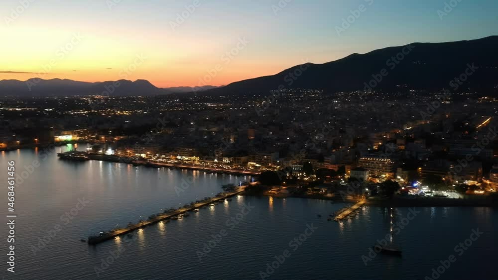 Aerial seaside view over seaside city of Kalamata, Greece at sunset Aerial seaside view over seaside city of Kalamata, Greece at sunset