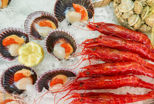 display with scallops (Chlamys varia) and carabineros (Aristaeopsis edwardsiana) on ice in a restaurant in Malaga. Spain photo