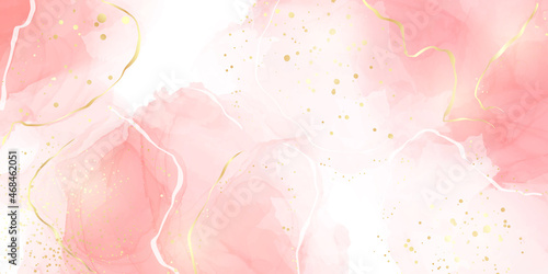 Pastel rose pink liquid watercolor background with golden cracks. Blush marble alcohol ink drawing effect. Vector illustration design template for wedding invitation, menu, rsvp