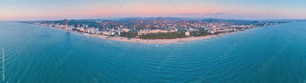 Aerial, scenic view over the sea to Durres beach, Albania.