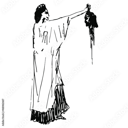 Salome or Herodias holding severed head of John the Baptist. Hand drawn ink sketch. Black and white silhouette.