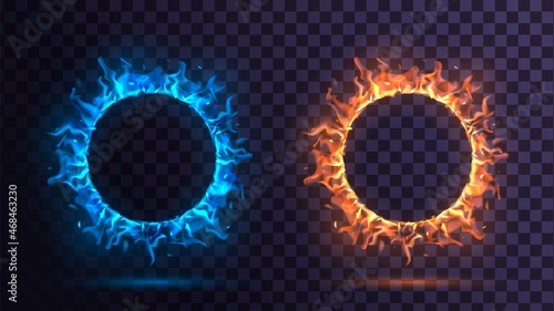 Ring of blue and yellow fire on a transparent background