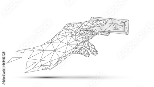 Triangular mesh hand holding a bank card, cashless payments and financial transactions concept