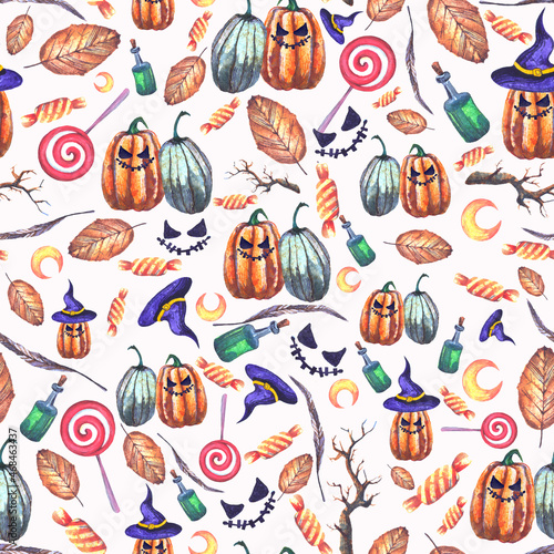 Halloween party pattern made of pumpkins, poison, sweets, leaves, moon, panama hats, horror stories.For fabrics, for printing brochures, posters, parties, vintage textile design, postcards, packaging.